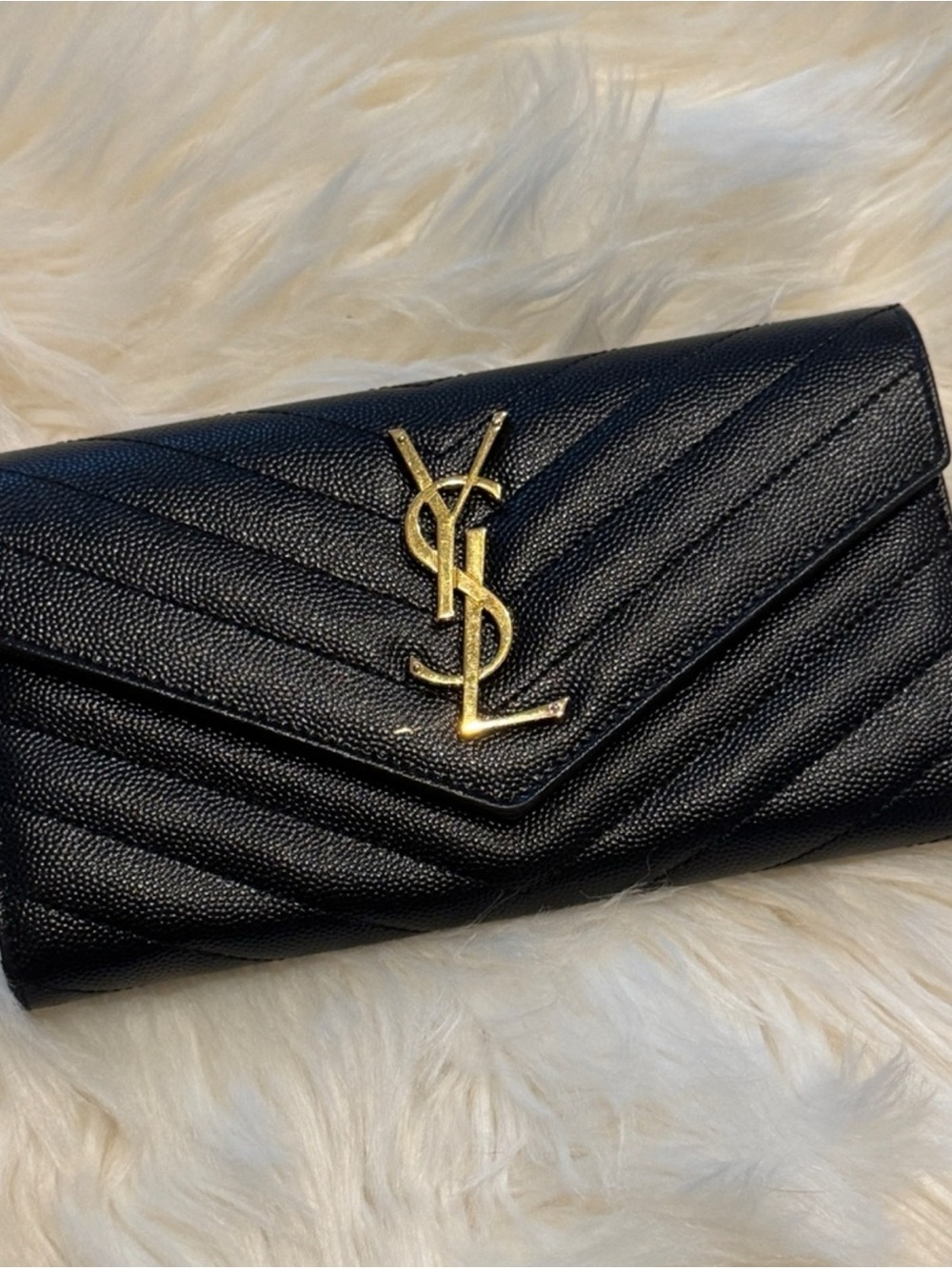 Saint Laurent Black Chevron Quilted Leather Wallet with Gold YSL Emblem
